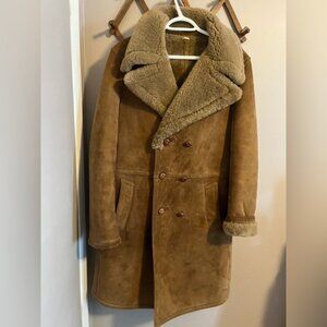Vintage mens shearling leather jacket double breasted tan size LXL